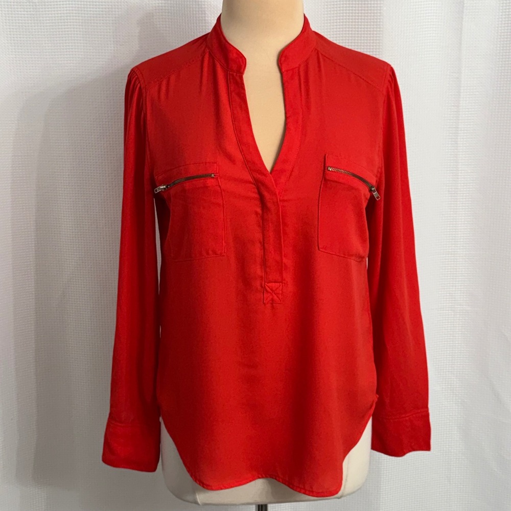 MNK Long Sleeve V-Neck Blouse with Horizontal Zipper Chest Pockets